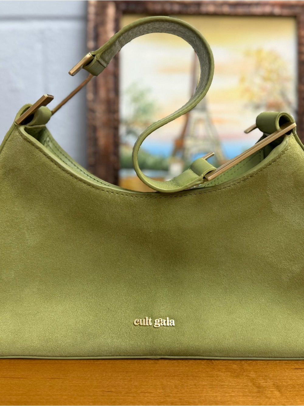 Cult Gaia Aliza Lime Green Suede Leather Shoulder Bag Gold Hardware - Picture 3 of 16